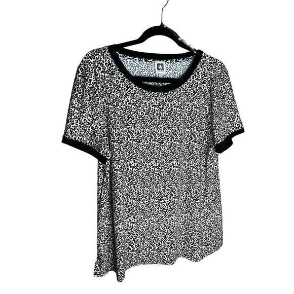 Anne Klein Ringer Tee Shirt Short Sleeves Leopard Print Black Womens Large NWT - Picture 1 of 5